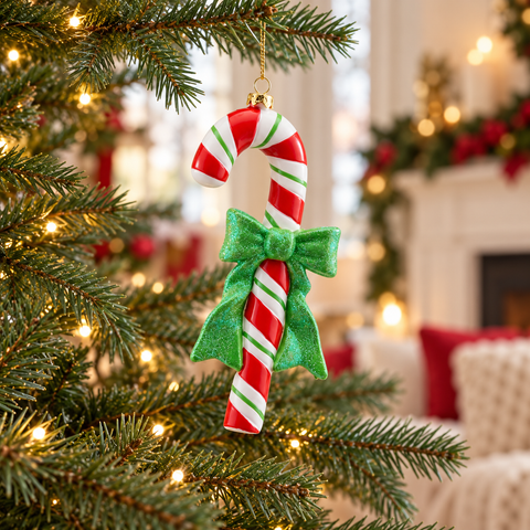 Candy cane EDG con fiocco verde alto 18 cm ambientato sull’albero di Natale