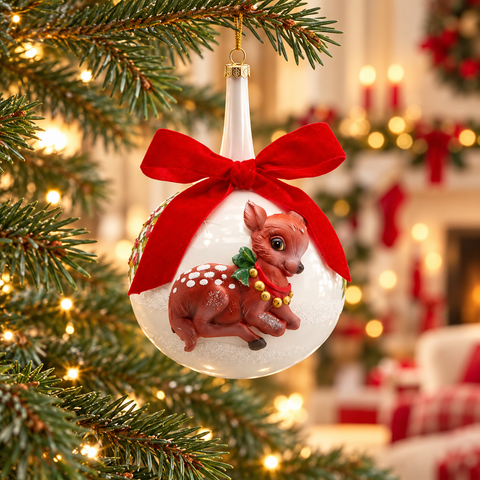 Palla di Natale EDG Bambi con sfera Ø 10 cm e collo lungo ambientata sull’albero