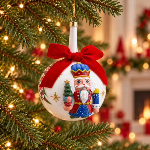 Palla di Natale EDG schiaccianoci con sfera Ø 10 cm e collo lungo ambientata sull’albero