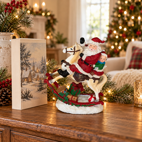 Babbo Natale su cavallo a dondolo 18 x 9 x 23,3 cm ambientato su mobile natalizio