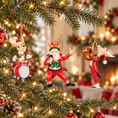 Babbo-Band Goodwill con Babbo Natale e renne musiciste da 11 cm ambientata sull’albero