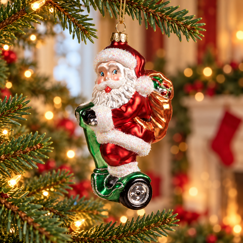Babbo Natale Goodwill sul Segway in vetro da 13,5 cm ambientato sull’albero natalizio
