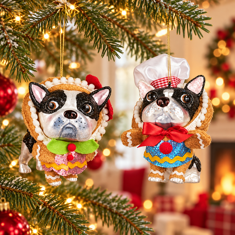 Bulldog Goodwill in costume gingerbread da 13 cm ambientati sull’albero natalizio