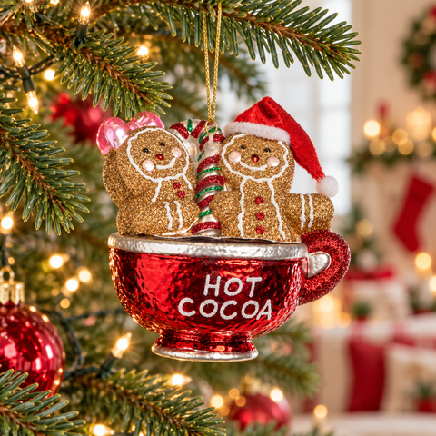 Addobbo tazza Hot Cocoa Goodwill in vetro alto 13 cm ambientato sull’albero natalizio