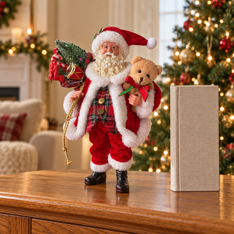 Babbo Natale Goodwill con orsetto alto 30 cm ambientato su mobile natalizio