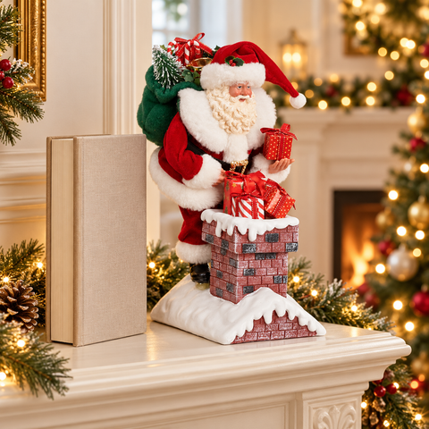 Babbo Natale Goodwill nel comignolo alto 30 cm ambientato sulla mensola del camino