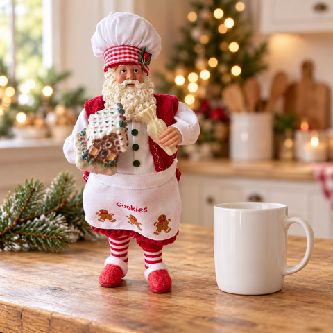 Babbo Natale pasticciere con casetta gingerbread alto 30 cm ambientato in cucina natalizia