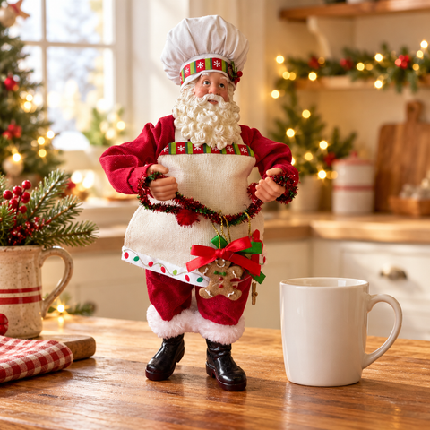 Babbo Natale cuoco con biscotti alto 30 cm ambientato in cucina natalizia