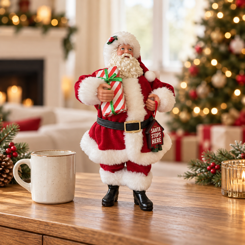 Babbo Natale con dono alto 30 cm ambientato su consolle natalizia