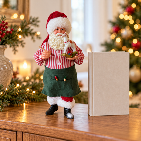 Babbo Natale giocattolaio con pennello alto 30 cm ambientato su mobile natalizio