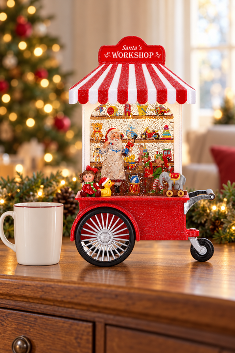 Carretto musicale di Babbo Natale 30 x 18 cm ambientato su mobile natalizio