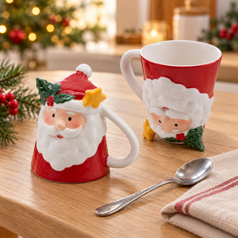 Tazza natalizia Babbo Natale con stellina 13 x 13 cm ambientata nelle due posizioni d’uso