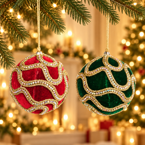 Palla di Natale in Velluto con Decori Gioiello Dorati – Goodwill, Ø 10cm in ambientazione natalizia