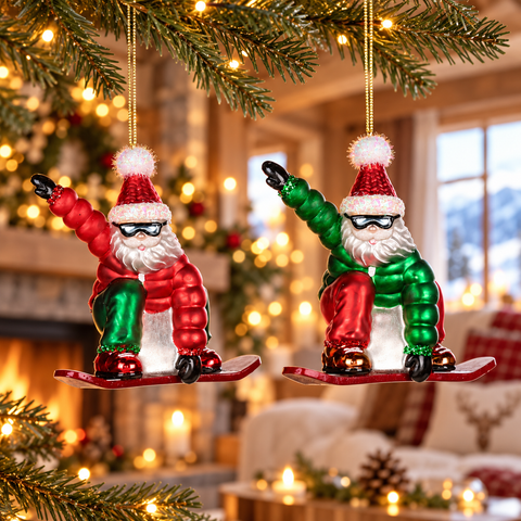 Decorazione Natalizia Babbo Natale sullo Snowboard in Vetro – Goodwill, 11,5cm in ambientazione natalizia