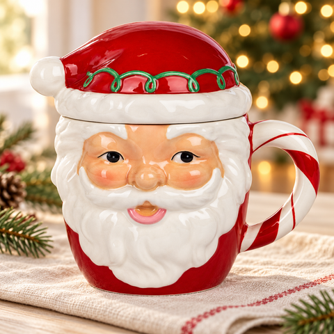 Tazza Natalizia Babbo Natale in Dolomite con Coperchio e Manico Candy Cane – Goodwill, 15cm in ambientazione natalizia