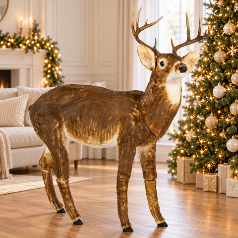 Cervo Natalizio in Peluche – Goodwill, 142cm in ambientazione natalizia