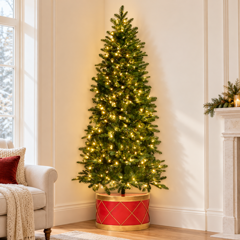 Albero di Natale Artificiale con Base a Tamburo, 300 LED e 558 Punte – Goodwill, 213cm in ambientazione natalizia