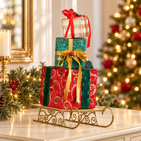 Slitta Natalizia Decorativa con Pacchi Regalo Rosso, Verde e Oro – Goodwill, 31cm in ambientazione natalizia