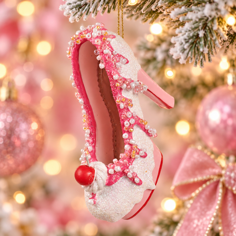 Decorazione Natalizia Scarpetta Candy Rosa e Bianca Glitterata – Goodwill, 9cm in ambientazione natalizia