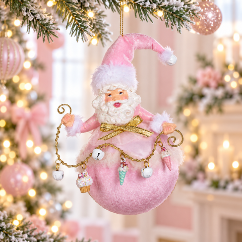 Decorazione Natalizia Babbo Natale su Sfera Rosa con Dolcetti – Goodwill, 17cm in ambientazione natalizia