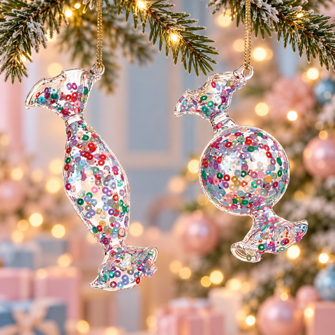Decorazione Natalizia Caramella in Vetro con Paillettes Rosa e Blu – Goodwill, 10cm in ambientazione natalizia