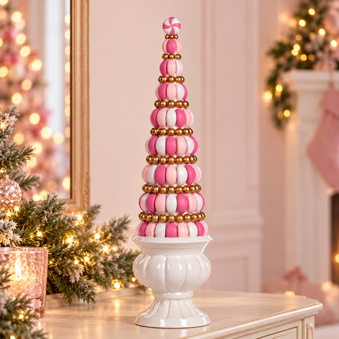 Albero di Natale Candy Rosa, Bianco e Oro in Vaso – Goodwill, 53cm in ambientazione natalizia