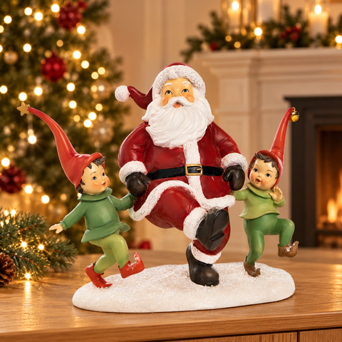 Statuina Natalizia Babbo Natale Ballerino con Elfi – Goodwill, 26cm in ambientazione natalizia