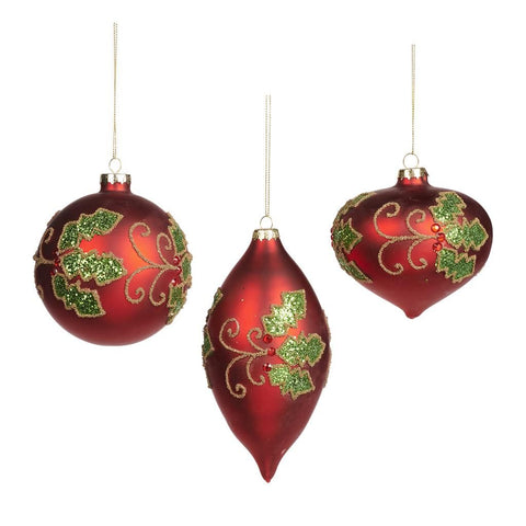 Decorazioni Natalizie in Vetro Rosso e Verde Ø10 cm con Agrifoglio – Set 3 Varianti Palla, Goccia e Cipolla Goodwill