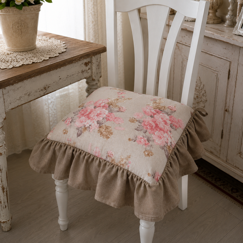 Cuscino Coprisedia Classic Floreale Rosa e Beige - 40x40 cm con Volant da 10cm