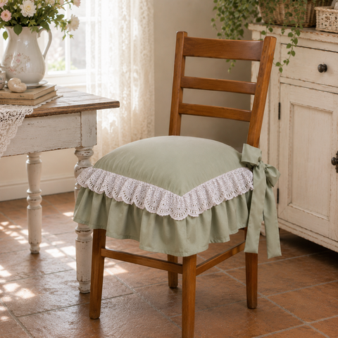 Cuscino Coprisedia Shabby Chic con Doppia Balza e Pizzo Sangallo - Dimensioni Standard 40x40 cm + volant 18cm