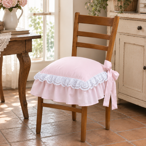 Cuscino Coprisedia Shabby Chic con Doppia Balza e Pizzo Sangallo - Dimensioni Standard 40x40 cm + volant 18cm