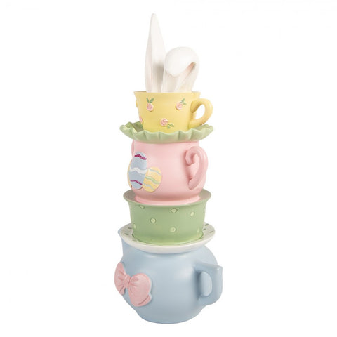 Statuetta Coniglio con Tazze e Teiera Impilate in Plastica Multicolore by Clayre & Eef, 16x11x29 cm