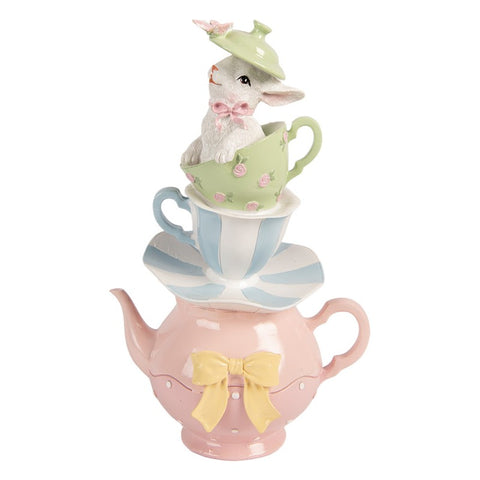 Statuetta decorativa coniglio con teiera e tazze – 16x13x26 cm (bianco, plastica) by Clayre & Eef