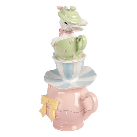 Statuetta decorativa coniglio con teiera e tazze – 16x13x26 cm (bianco, plastica) by Clayre & Eef