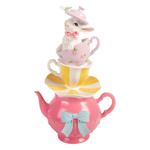 Statuetta decorativa coniglio su teiera con tazze – 16x13x26 cm (bianco, rosa, plastica) Clayre & Eef