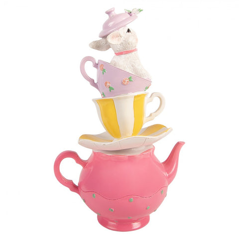 Statuetta decorativa coniglio su teiera con tazze – 16x13x26 cm (bianco, rosa, plastica) Clayre & Eef