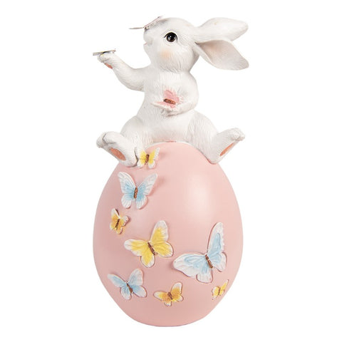 Statuetta decorativa coniglio su uovo – 16x15x29 cm (bianco, rosa, plastica) by Clayre & Eef