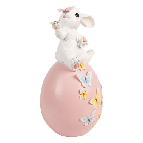 Statuetta decorativa coniglio su uovo – 16x15x29 cm (bianco, rosa, plastica) by Clayre & Eef