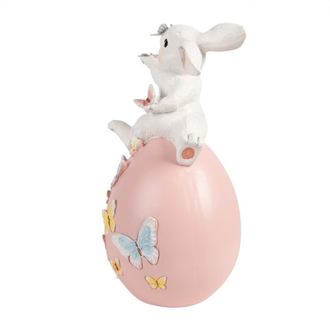 Statuetta decorativa coniglio su uovo – 16x15x29 cm (bianco, rosa, plastica) by Clayre & Eef