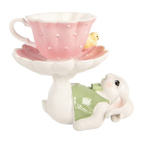 Statuetta decorativa coniglio con tazza – 20x14x17 cm (bianco, plastica) by Clayre & Eef