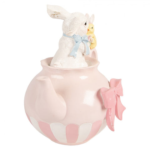 Statuetta decorativa coniglio con tazza e pulcino – 20x14x20 cm (bianco, plastica) by Clayre & Eef