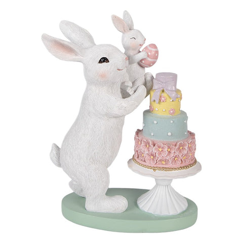 Statuetta decorativa coniglio con cucciolo e torta – 21x10x27 cm (bianco, plastica) by Clayre & Eef