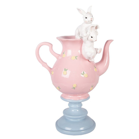 Statuetta decorativa conigli su teiera – 22x14x35 cm (bianco, rosa, plastica) by Clayre & Eef