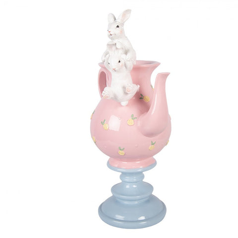 Statuetta decorativa conigli su teiera – 22x14x35 cm (bianco, rosa, plastica) by Clayre & Eef