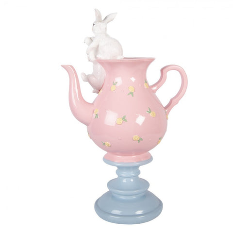 Statuetta decorativa conigli su teiera – 22x14x35 cm (bianco, rosa, plastica) by Clayre & Eef