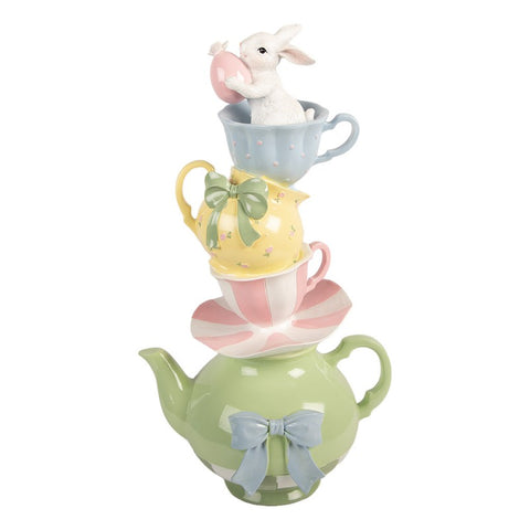 Statuetta decorativa coniglio su teiera con tazze – 25x19x45 cm (verde, plastica) by Clayre & Eef