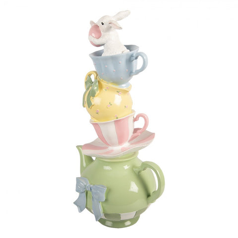 Statuetta decorativa coniglio su teiera con tazze – 25x19x45 cm (verde, plastica) by Clayre & Eef