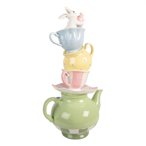 Statuetta decorativa coniglio su teiera con tazze – 25x19x45 cm (verde, plastica) by Clayre & Eef