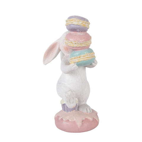 Statuetta decorativa coniglio con macarons – 8x6x14 cm (bianco, multicolore, plastica) Clayre & Eef