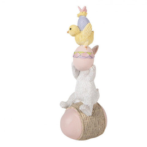 Statuetta decorativa coniglio su uovo con pulcino – 8x6x19 cm (bianco, pastello, plastica) Clayre & Eef